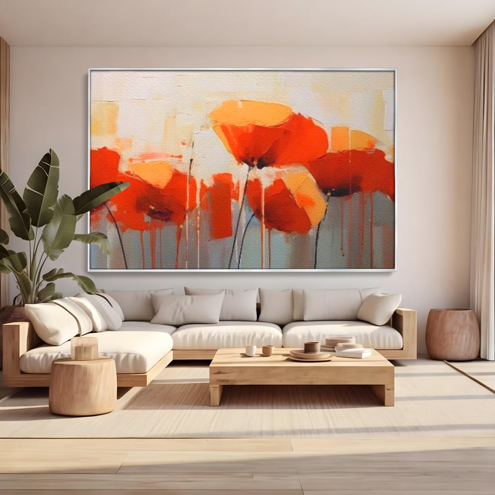 Tablou canvas cu tablou canvas cu maci in ulei, in rama de aluminiu argintiu, pe perete intr-un living